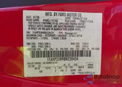 2008 Ford Focus Se/Sel/Ses from USA, damaged, VIN 1FAHP35N98W220434